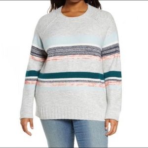 Caslon Cozy Mix Stripe Crewneck Sweater Grey Rocking Stripe 1X NWT